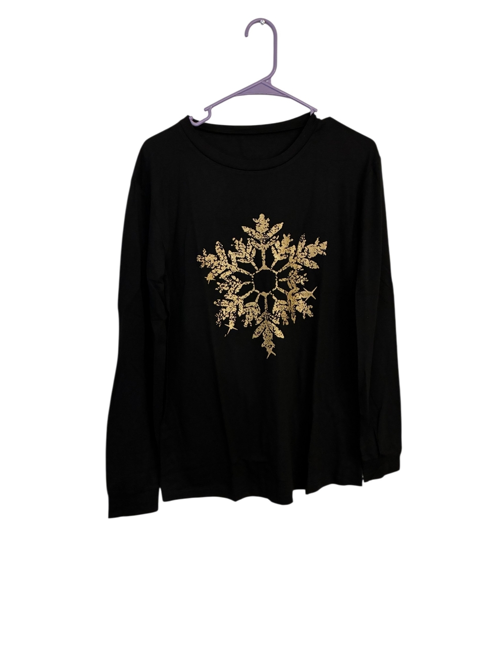 Black Long-Sleeve Women's Top with Gold Snowflake Print